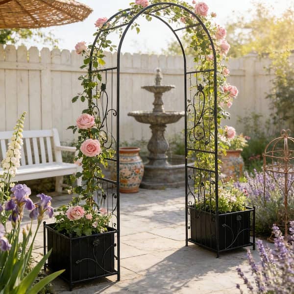 Coporesell 86.6 in. Black Metal Garden Arch Climbing Plants Support Rose  Arch Trellis with 2-Plant tands CLGDGT33B