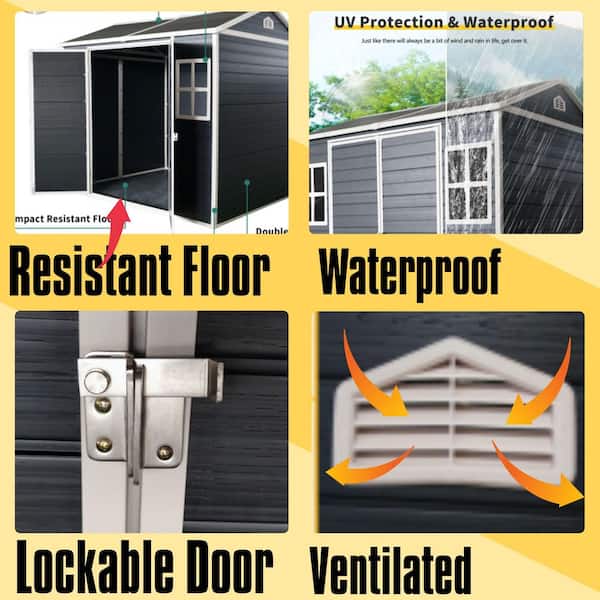 6 ft. W x 8 ft. D Resin Storage Shed with Floor, 2-Windows and Lockable Door for Garden and Backyard (42 sq. ft.)