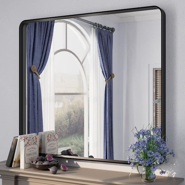 40 in. W x 36 in. H Rectangular Tempered Glass and Aluminum Alloy Framed Wall Bathroom Vanity Mirror in Matte Black