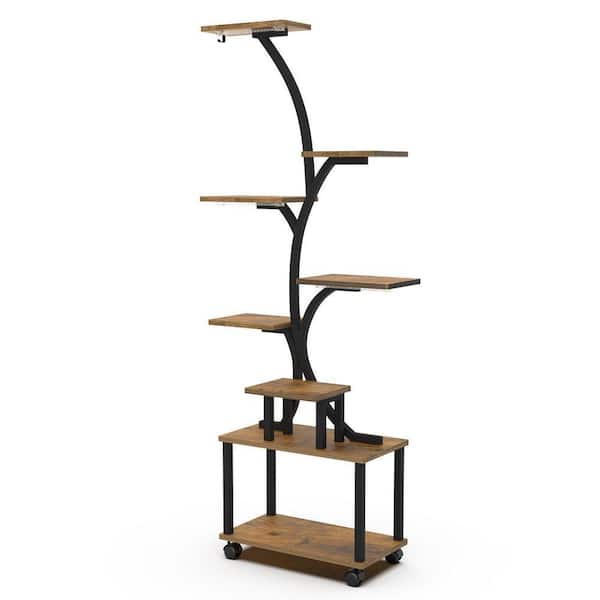 63 in. Rustic Brown 8-Tier Composite Wood Indoor Plant Stand with Plant Grow Light