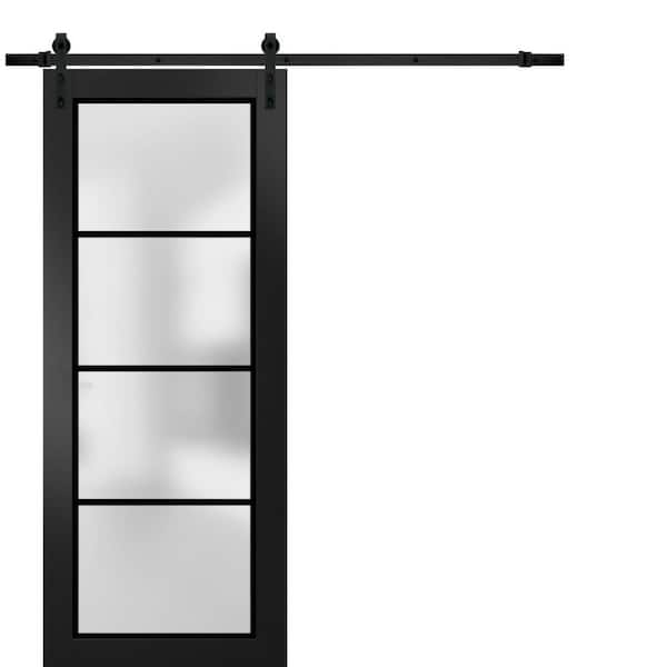 36 in. x 84 in. 1 Panel Frosted Glass Black Matte Solid Wood Sliding Barn Door with Hardware Kit