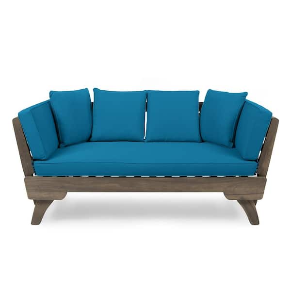 Noble House Ottavio Grey Wood Expandable Outdoor Patio Day Bed with Dark Teal Cushions