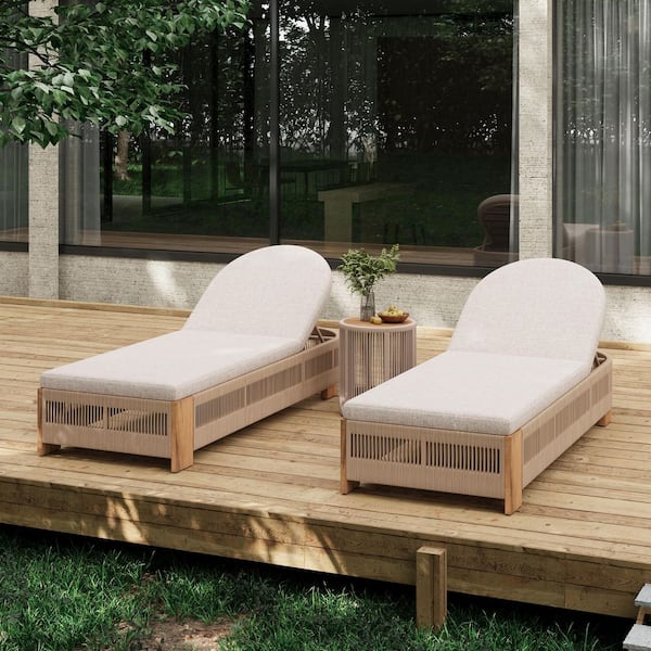 TIRAMISUBEST Wood and Brown Rope Outdoor Chaise Lounge Set of 5 with Side Table and Beige Cushions, Adjustable Backrest