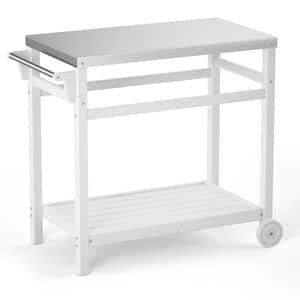 White Outdoor Prep Cart Dining Table for Pizza Oven, Patio Grilling Backyard BBQ Grill Cart