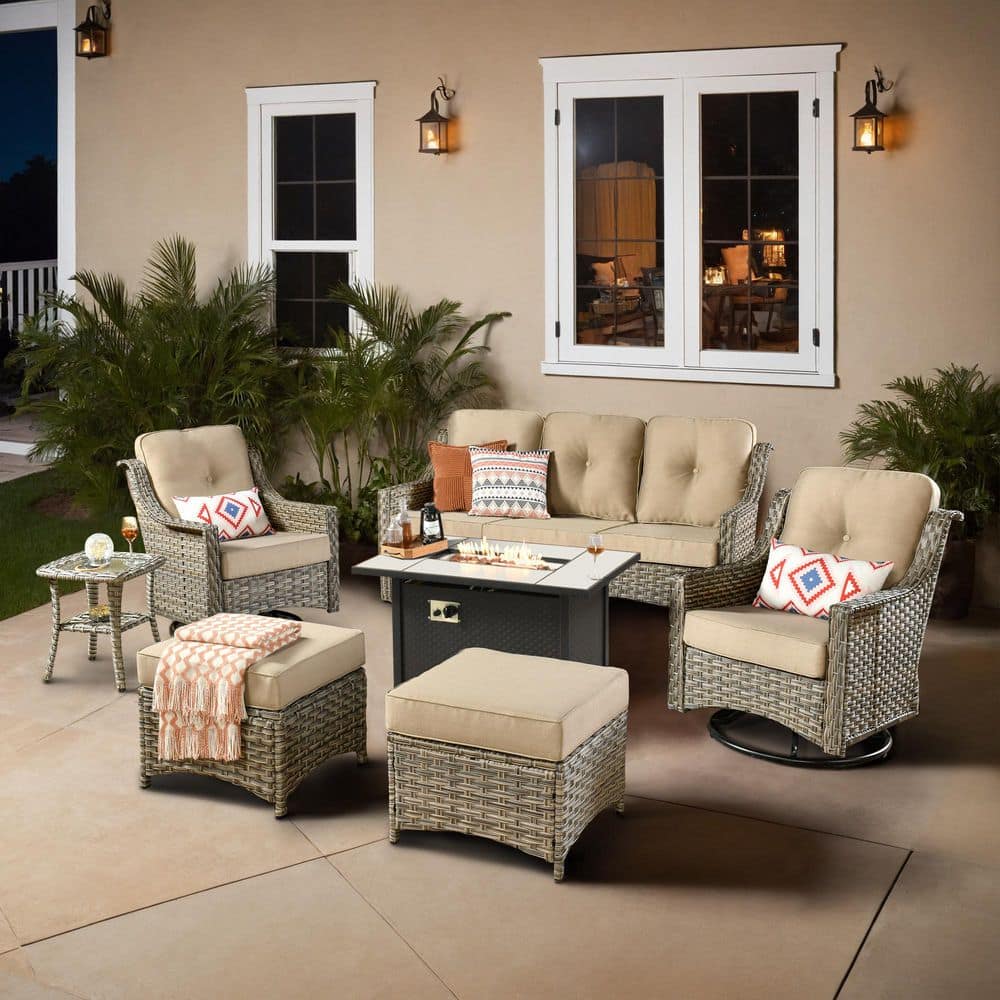 Cristiano 7-Piece Wicker Patio Rectangular Fire Pit Set with Beige Cushions and Swivel Rocking Chairs price history on PriceWatchPro