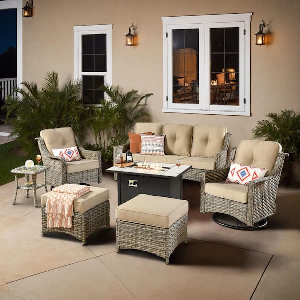 XIZZI Cristiano 7-Piece Wicker Patio Rectangular Fire Pit Set with Beige Cushions and Swivel Rocking Chairs
