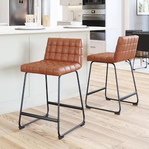 Pago 26.2 in. Solid Back Plywood Brown Frame Counter Stool with Faux Leather Seat - (Set of 2)