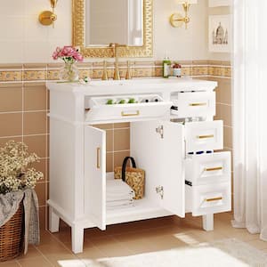 36 in. W x 18 in. D x 35 in. H Single Sink Freestanding Bath Vanity in White with White Resin Top and Storage Cabinet