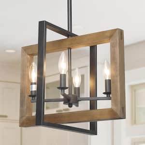 4-Light Black Modern Farmhouse Geometric Caged Wood Candelabra Chandelier LED Compatible Pendant Lighting