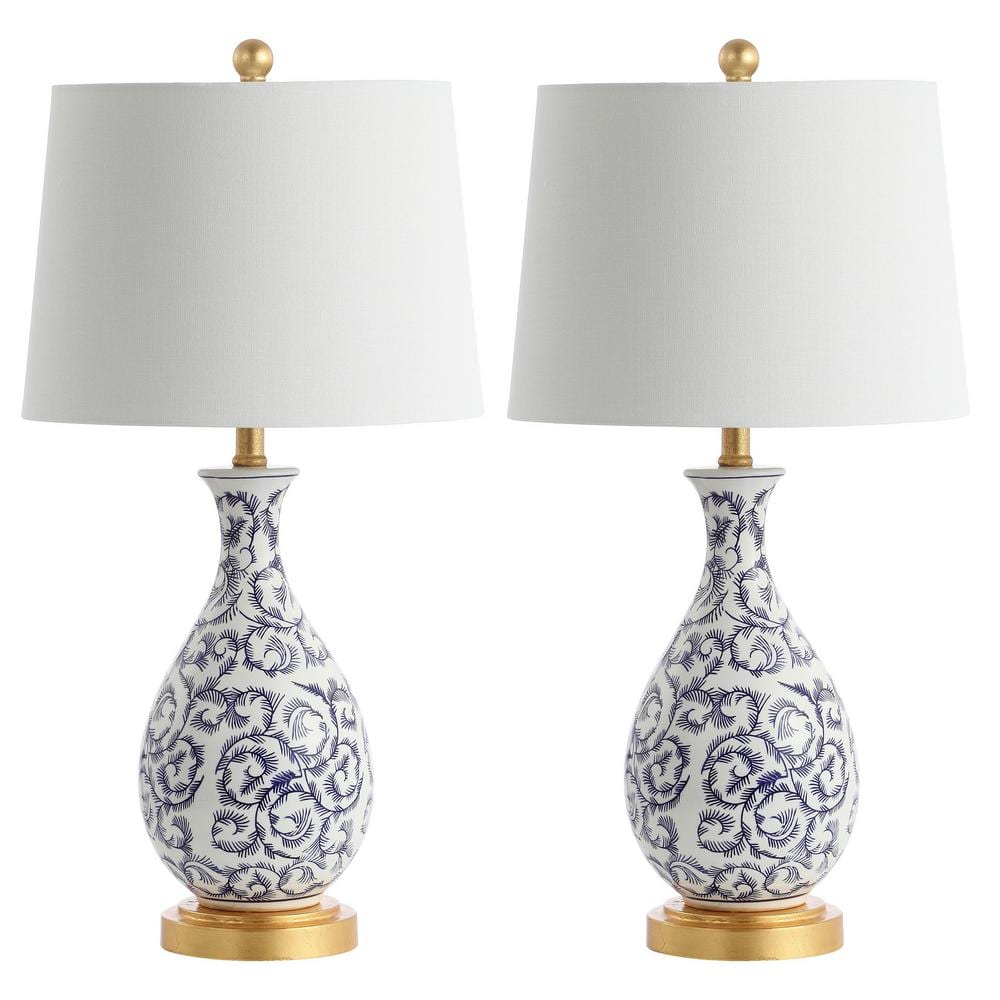 Classic Blue and White Ceramic Table Lamp Set with Gold Leaf Finish