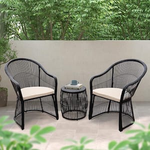 Black 3-Piece Wicker Outdoor Patio Conversation Set with Beige Cushions