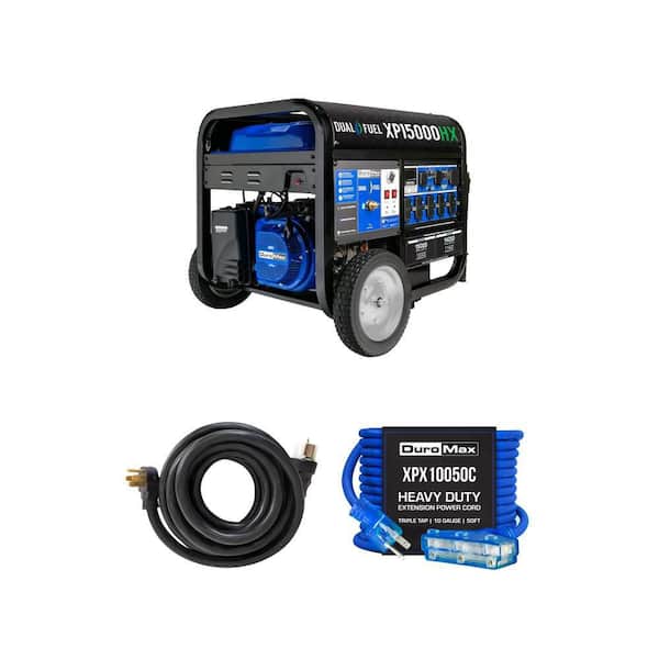 15000/12000-Watt Dual Fuel Generator with CO Alert, 25 ft. 50 Amp Power Cord and 50 ft. 15 Amp Extension Cord Combo