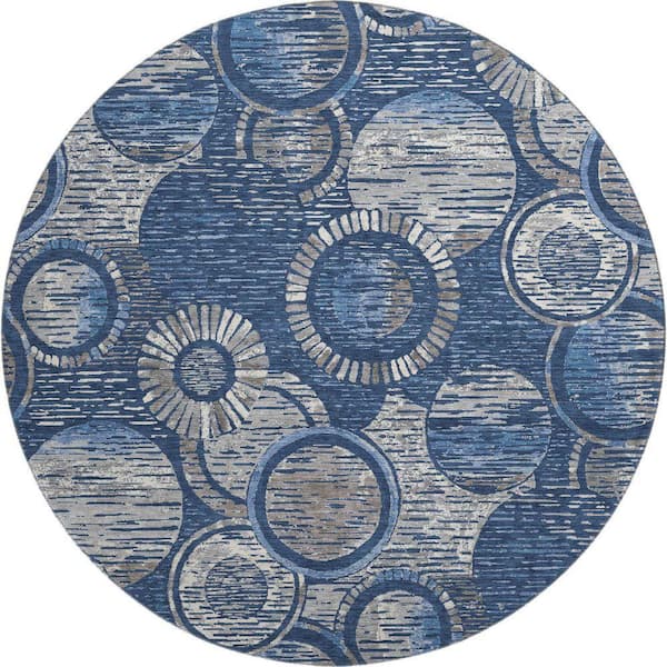 Mayfield Premium Machine Washable Abstract AMF2206 Navy 8 ft. x 8 ft. Round Rug