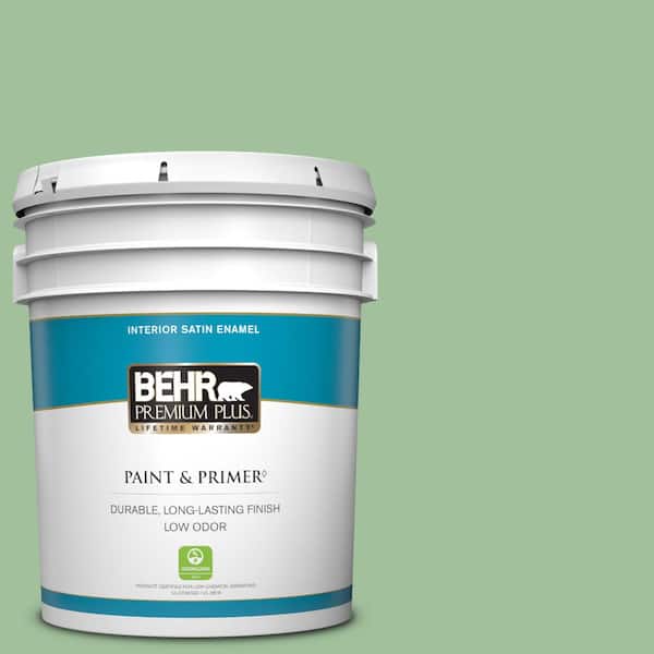 BEHR PREMIUM PLUS 5 gal. #BIC-25 Spring Sprig Satin Enamel Low Odor Interior Paint & Primer