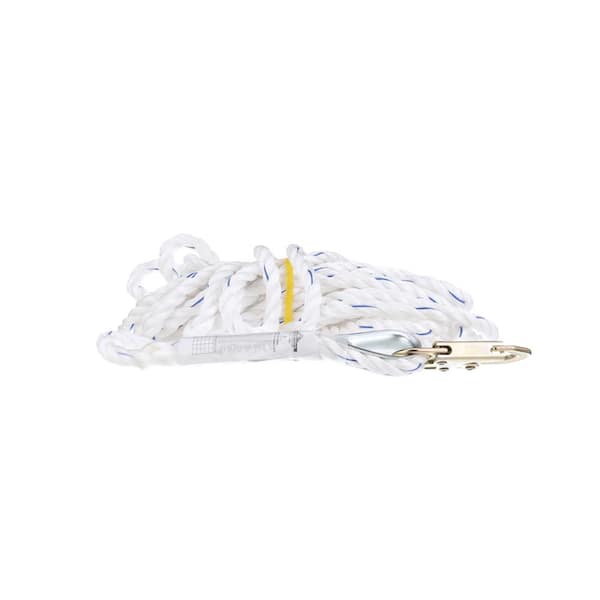 FallTech 81505 Vertical Lifeline, Rope - 5/8 Premium Polyester Rope with 1  Snap Hook and Braid-End, 150', White/Blue