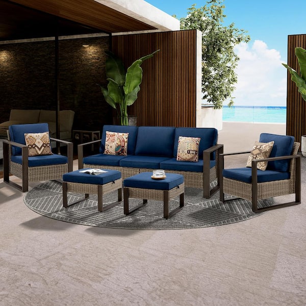 5-Piece Patio Wicker Outdoor Conversation Sectional Set with Steel Frame and Dark Blue Cushions