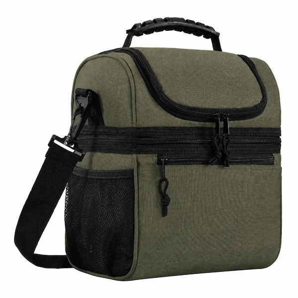 Army Green Reusable Lunch Bag Dual Compartment Insulated Cooler Leakproof for Office Travel Picnic Adult Work