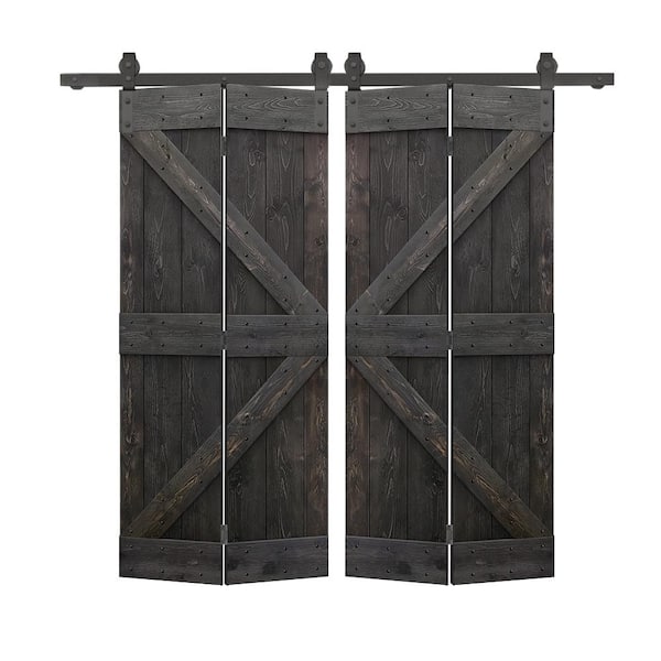 CALHOME 64 in. x 84 in. K Pre Assembled Black Stained Wood Double Solid Core Bi-Fold Barn Doors with Sliding Hardware Kit