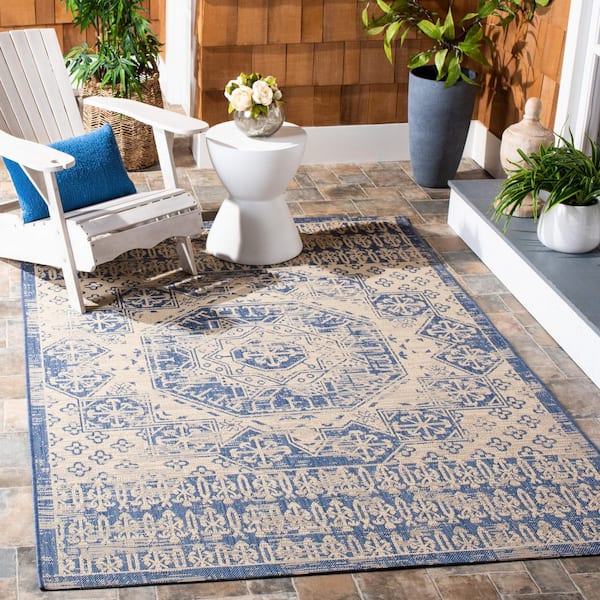 Courtyard Beige/Blue 5 ft. x 8 ft. Aztec Medallion Indoor/Outdoor Area Rug