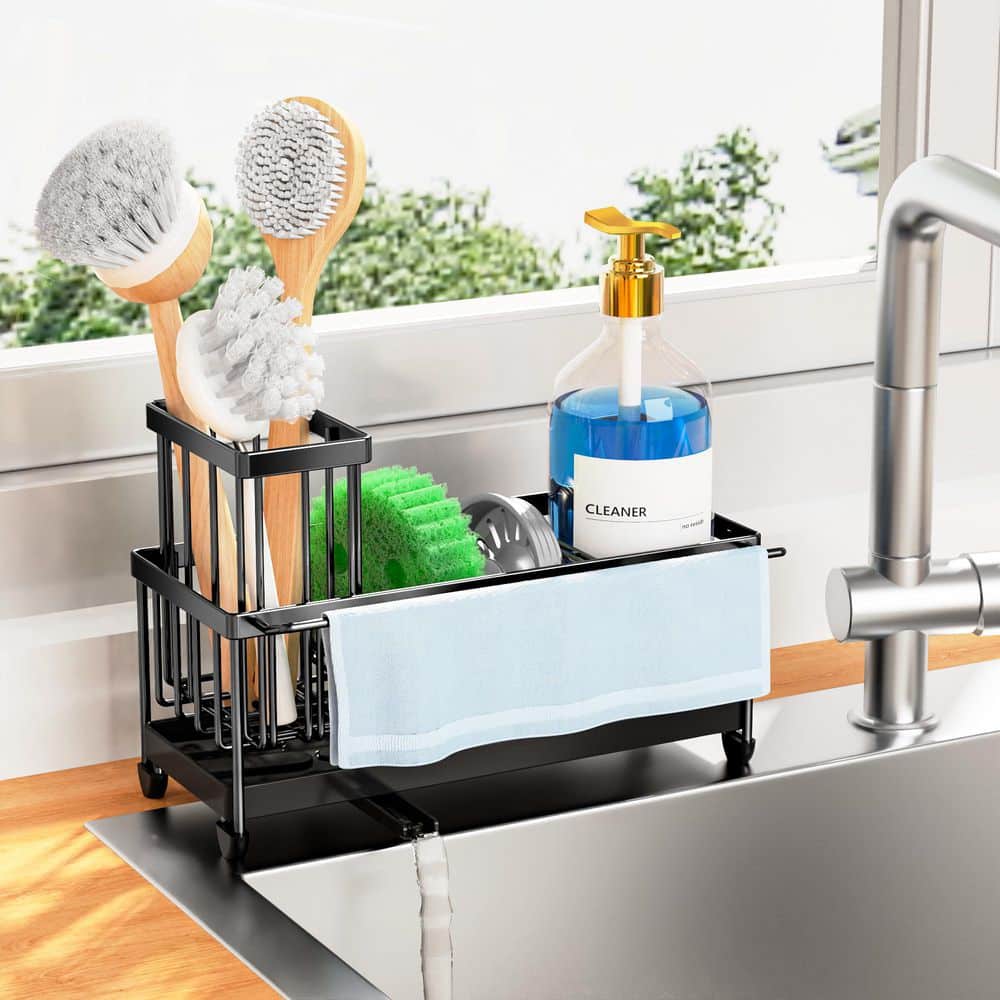 Black Stainless Steel Sink Caddy for Kitchen Sink with Towel Rack Kitchen High Brush Holder Dish Organizer Divider price history on PriceWatchPro