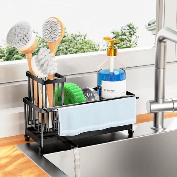 Black Stainless Steel Sink Caddy for Kitchen Sink with Towel Rack Kitchen High Brush Holder Dish Organizer Divider