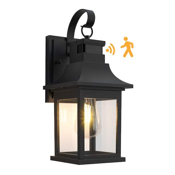 Decorators 14 in. 1-Light Black Farmhouse Hardwired Aluminum Outdoor Sconce with Motion Sensor, Tempered Glass Shade