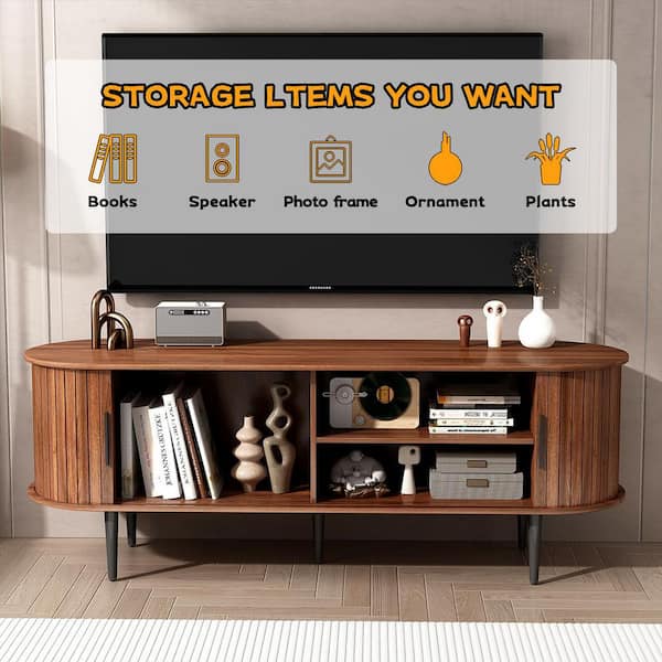 55 in. Modern TV Console Table/Stand with Storage Compartment and Sliding Door, Media Console with Storage, Walnut color