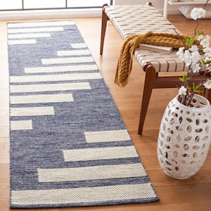 Striped Kilim Navy Ivory 2 ft. x 12 ft. Abostract Striped Runner Rug
