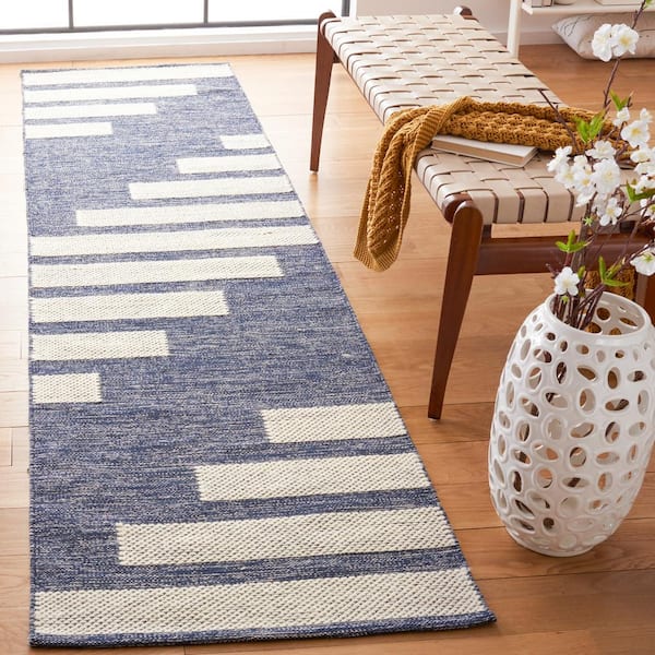 Striped Kilim Navy/Ivory 2 ft. x 5 ft. Abstract Striped Area Rug