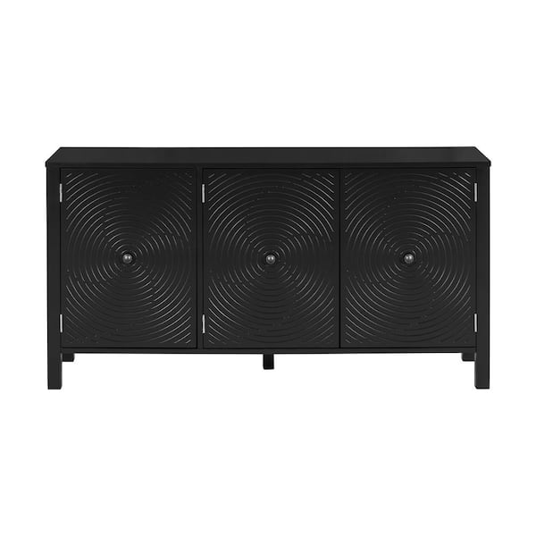 Unbranded 56.1 in. W x 17 in. D x 29.2 in. H Black Linen Cabinet with Curved Swirl Patterned Doors and Artistic 3-Door Design