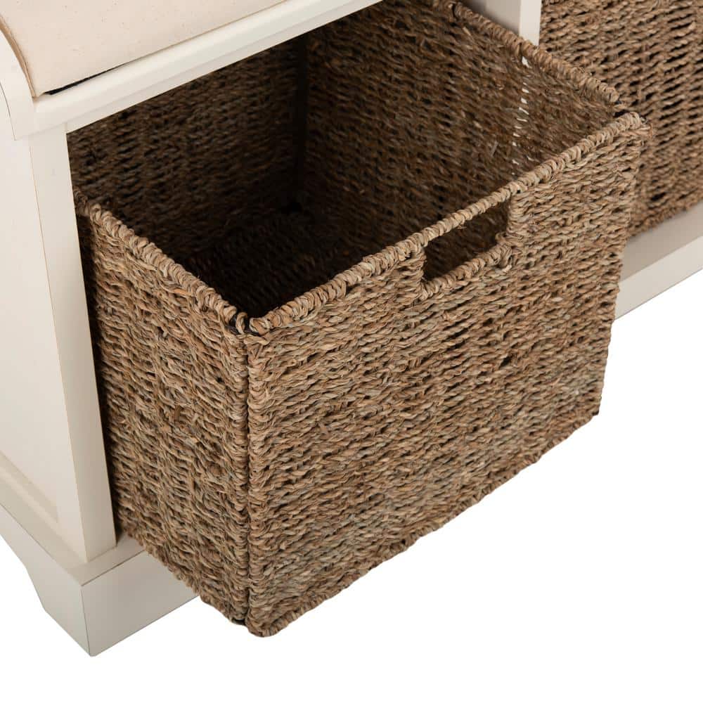 White Pine Storage Bench with Wicker Baskets and Cushion