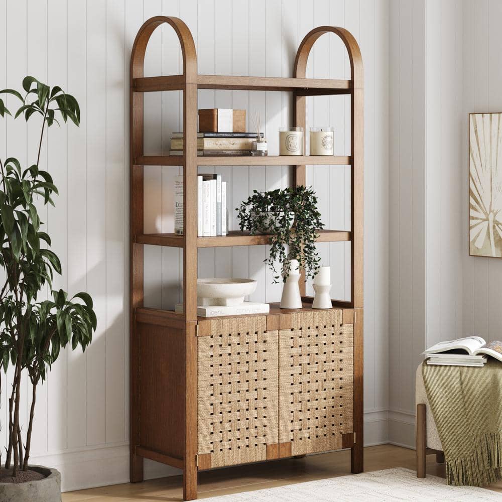 Aerie 71 in. Tall Light Brown Boho Solid Wood 3-Shelf Arched Bookcase Cabinet with Natural Woven Seagrass Doors