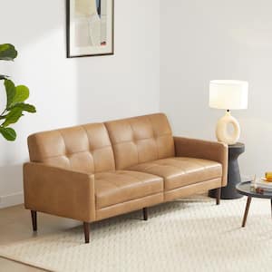 Atlas 73 in. Square Arm Faux Leather Straight Sofa in Cognac Brown