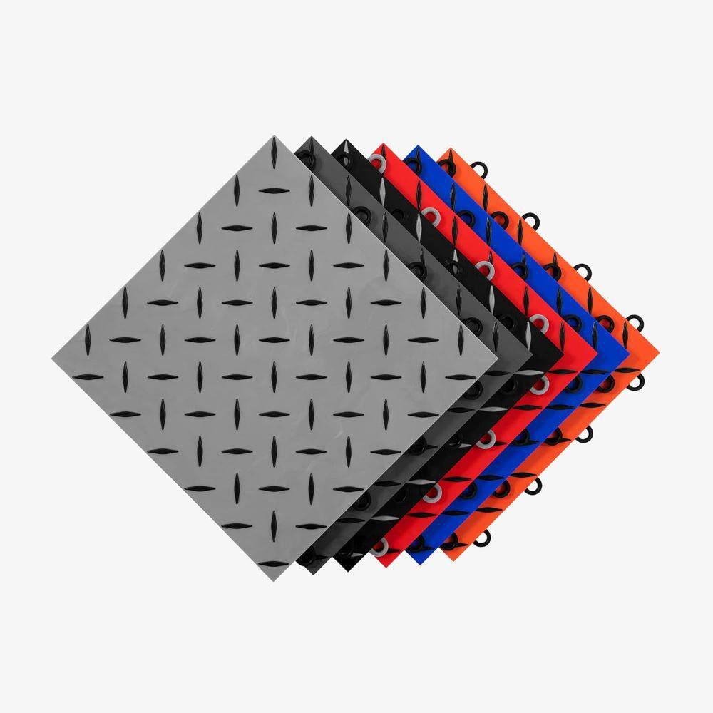 Black and Gunmetal Diamond Plate Interlocking Garage Floor Tiles, 12 x 12, 40 Pack