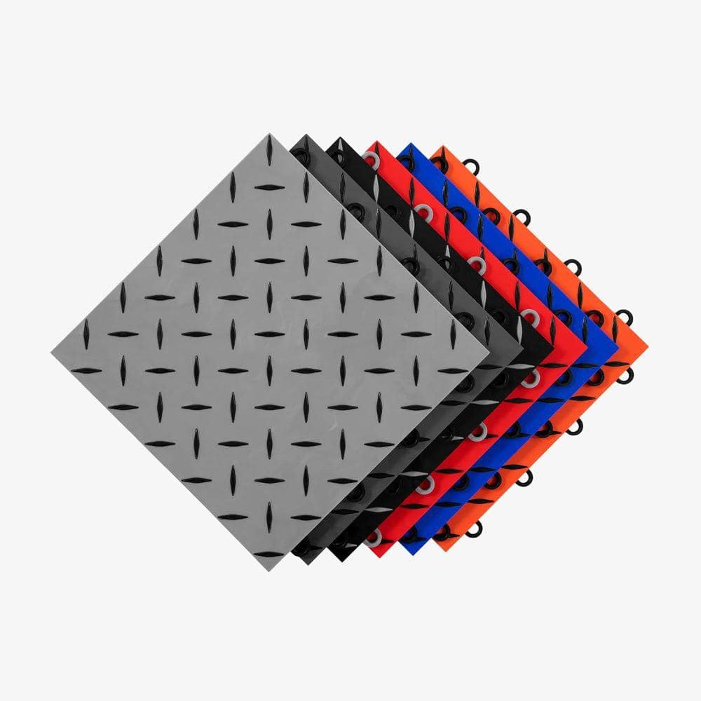 Gunmetal and Black Diamond Plate Interlocking Garage Floor Tiles