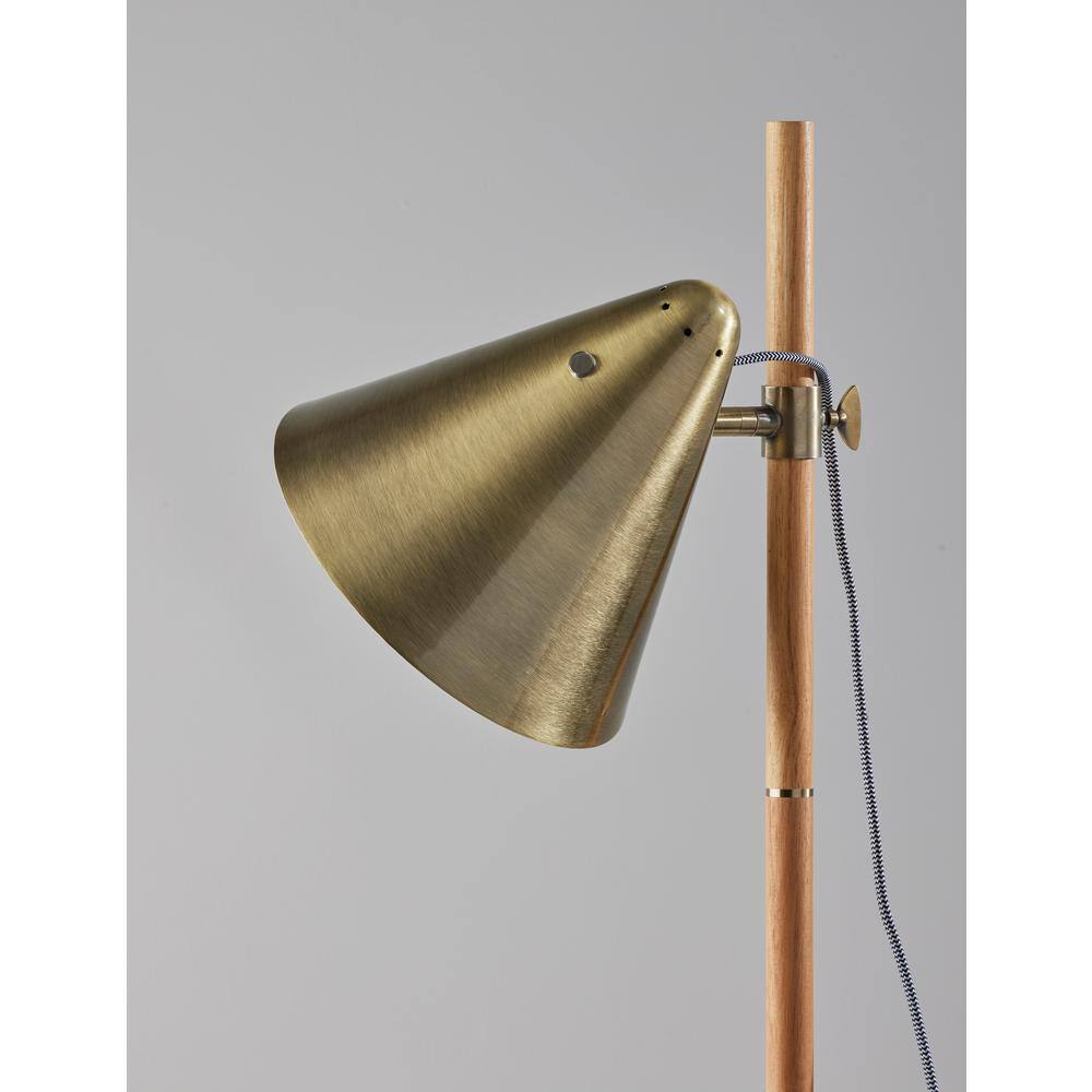 Adjustable Natural Rubberwood and Antique Brass Floor Lamp with Touch Switch