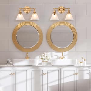 Modern Dimmable Gold Vanity Light with White Frosted Glass Shades, Classic 15.5 in. 2-Light Vintage Bathroom Wall Sconce