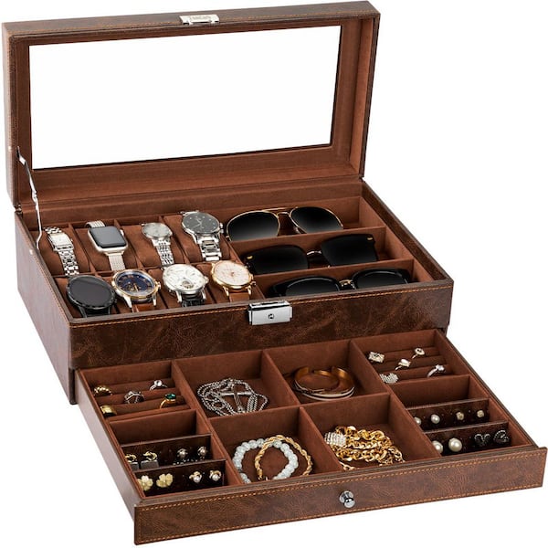 14.53 in. x 8 in. x 5.1 in. 2-Tier Brown Watch Organizer with Thick Glass Lid and Lockable for Men and Women