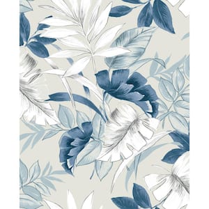 Tropical Leaves Blue and White and Light Grey Vinyl Peel and Stick Wallpaper Roll (Cover 30.75 sq. ft.)