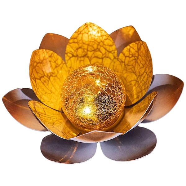 Solar Powered Decorative Metal Lotus Cracked Glass Ball Garden Lights Waterproof Outdoor Decorations