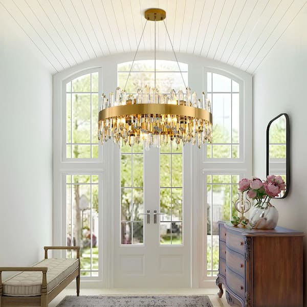23.62 in. 12-Light Luxury Chandelier, Gold Modern Round Crystal Chandelier, Modern 2-Tiers K9 Crystal Chandelier Foyer