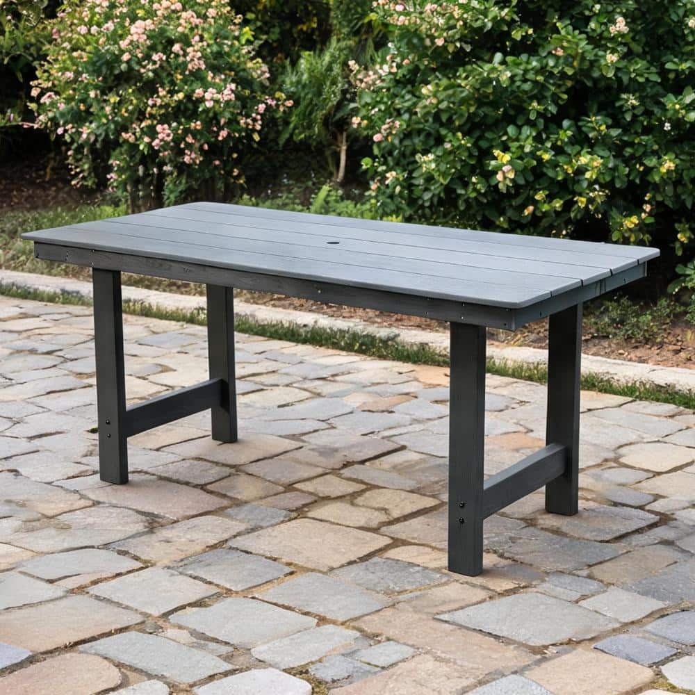Rectangular HDPE Outdoor Dining Table with Umbrella Hole Seats 4-6 Classic Gray 66.9 x 31.34 Inches