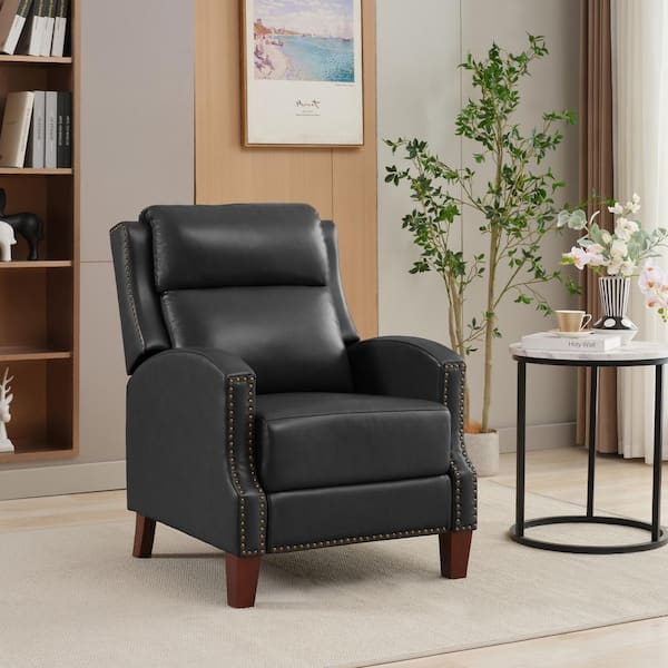 JEAREY Classic Vintage Cigar Black Hand Push Leather Recliner with Nailhead Trim