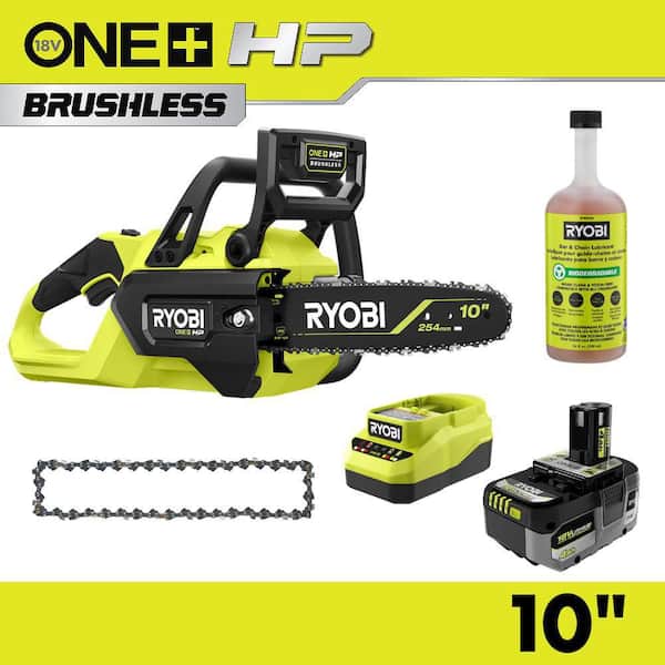 ONE+ HP 18V Brushless 10 in. Battery Chainsaw with Extra Chain, Biodegradable Chain Oil, 4.0 Ah Battery and Charger