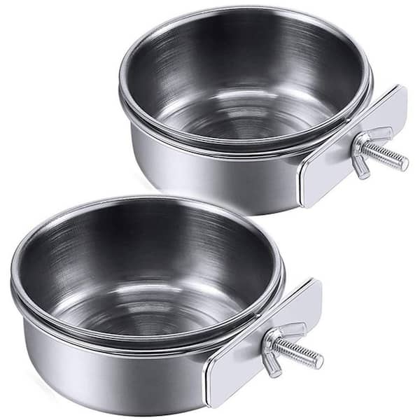Silver Stainless Steel Parrot Feeding Cups with Single Screw Clamp Holder for Small Medium Birds and Animals (2-Pack)
