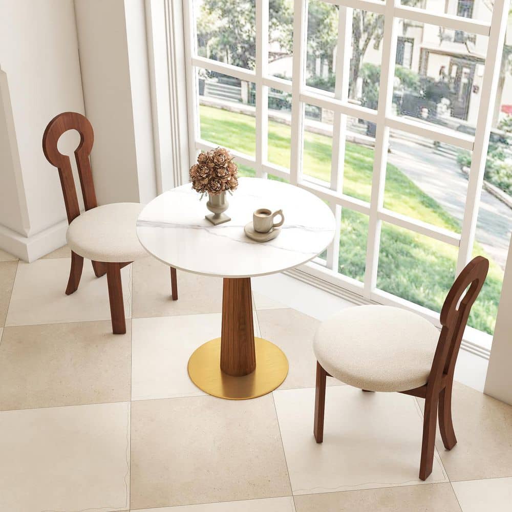 Magic Home 33 Round White Sintered Stone with Solid Wood