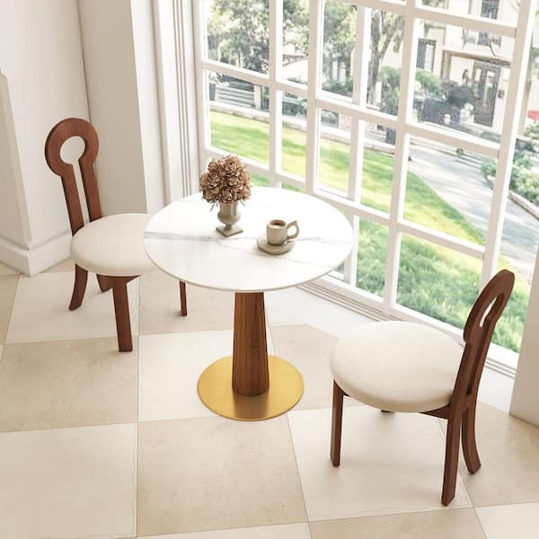 33 in. Round White Sintered Stone with Solid Wood Pedestal Dining Table for Bistro, Dining Room, Terrace (Seats 4)