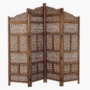 6 ft. Brown 4 Panel Floral Handmade Foldable Arched Partition Room Divider Screen with Intricately Carved Designs