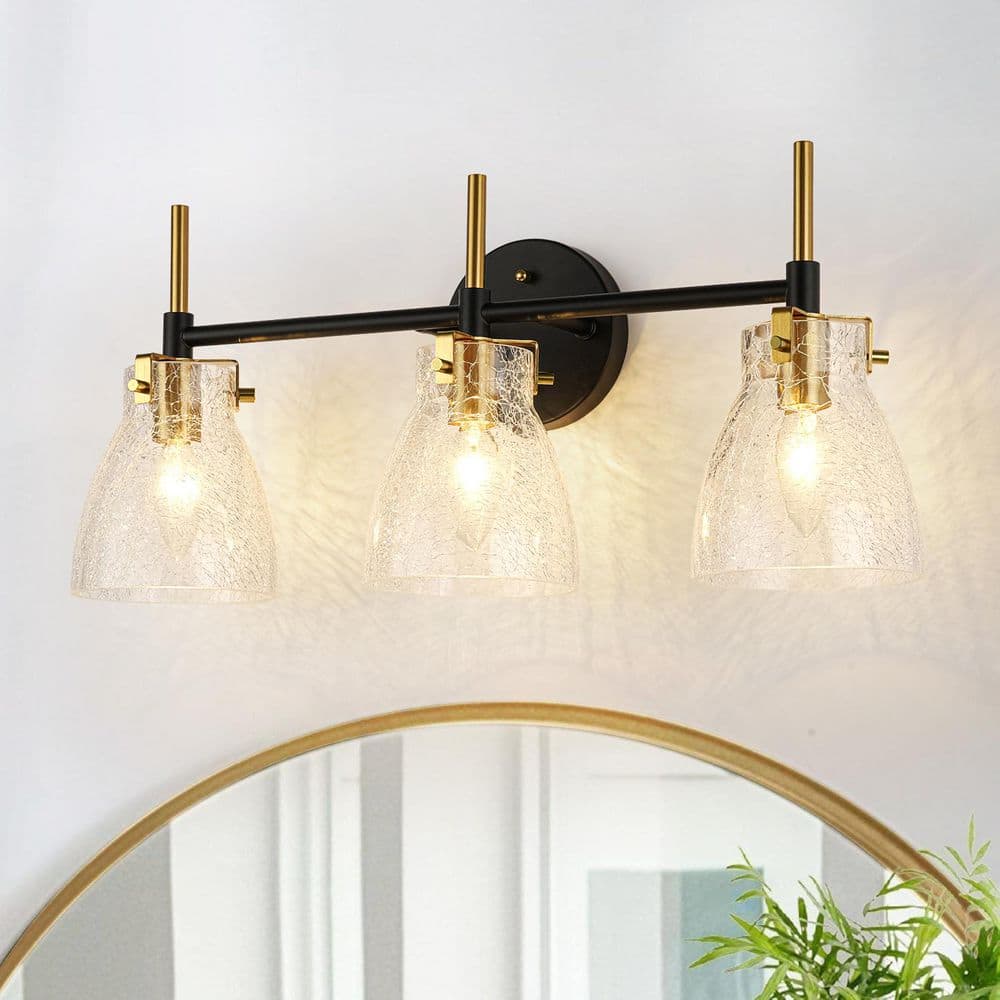 Nova Glow 21.7 in. 3-Light Industrial Black Golden Bathroom Vanity Light with Crackle Glass Shades price history on PriceWatchPro