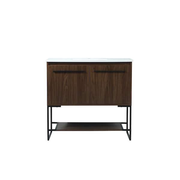 Unbranded Simply Living 36 in. Single Bathroom Vanity in Walnut with Quartz Vanity Top in Ivory White